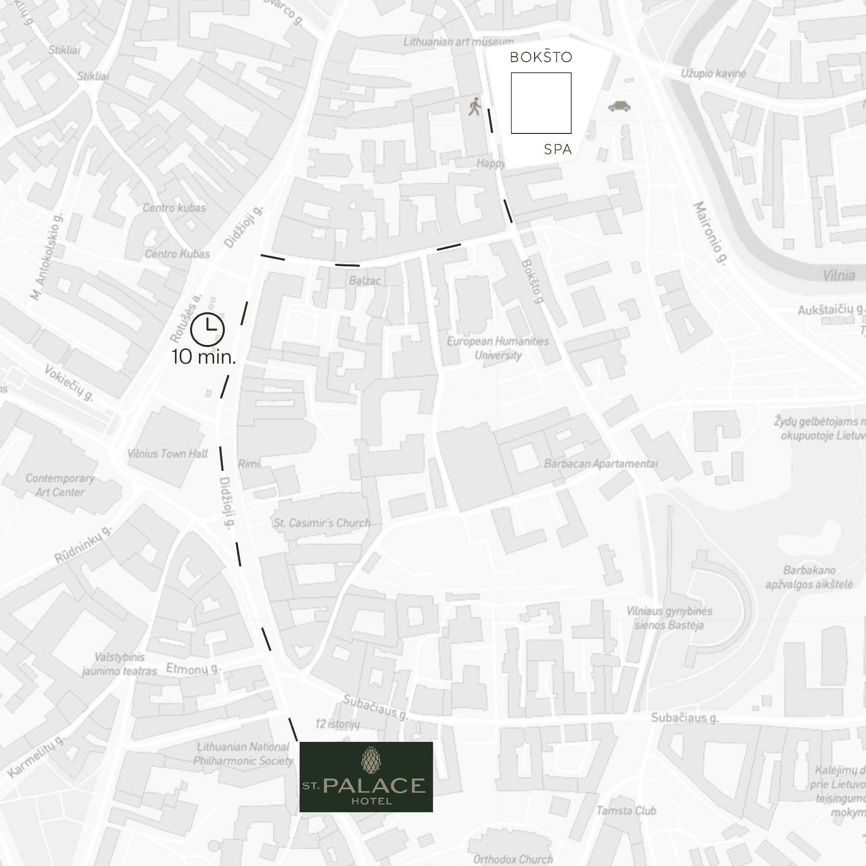 Žemėlapis, kuriame rodomas maršrutas iš „St. Palace“ viešbučio į nenurodytą vietą. Tai rodo 10 minučių pėsčiomis. Netoliese yra įvairių lankytinų vietų, tokių kaip Šiuolaikinio meno centras ir Lietuvos nacionalinė filharmonija.